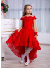 Off Shoulder Red Lace High Low Wedding Flower Girl Dress